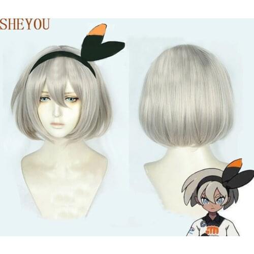 Anime Pokemon Sword and Shield Bea Short Linen Gray Heat Resistant Cosplay Hair Wig + Wig Cap