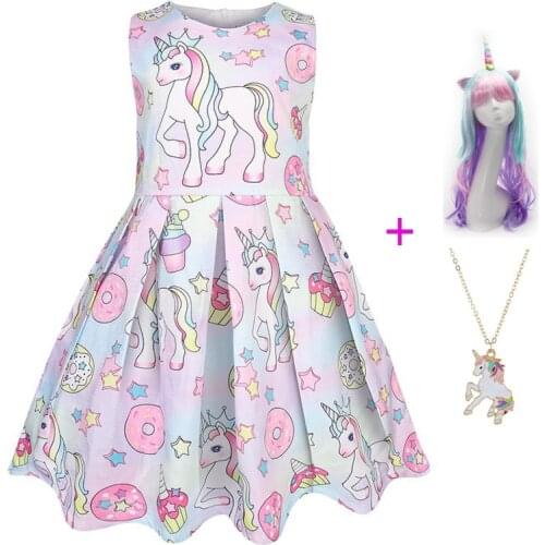 Princess Dress for Girl Unicorn Party Summer Flower Girls Dresses Kids Party Vestido Children Costumes New Robe necklace + wig
