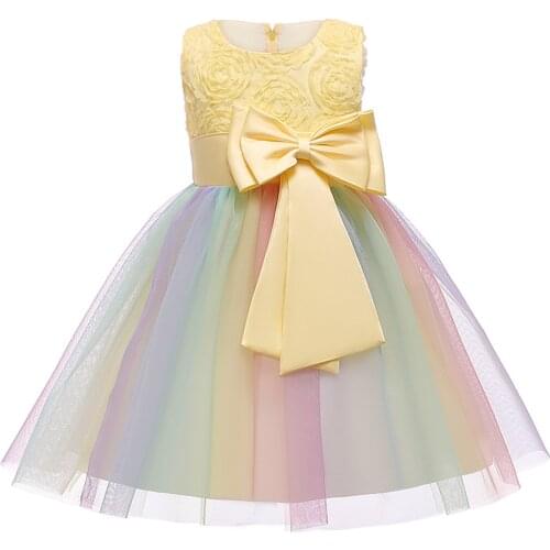 40# Dresses For Girls Sleeveless Floral Rainbow Color Matching Gradient Color Bow Princess Net Gauze Tutu Dress Dress Vestidos