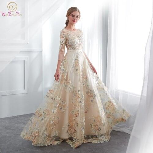 Floral Prom Dresses Walk Beside You Lace 3/4 Sleeves A-line Champagne Belt Empire Waist Long Evening Gowns Vestido De Formatura