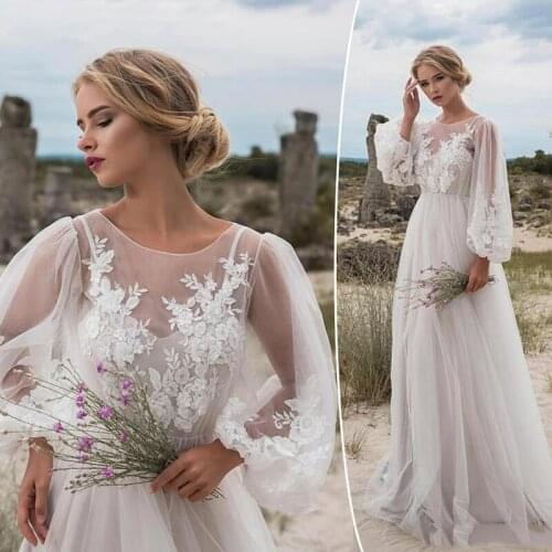 Beach Ivory Wedding Dresses Long Puff Sleeves Boho O-Neck Bride Gowns Tulle Floor Length Illusion Bridal Party Custom Made 2021