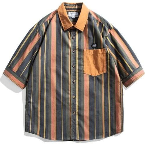 Short Sleeve Striped Shirts for Men Summer New Pure Cotton Japanese Fashion Tops Male Casual Turn-down Collar Loose Clothing