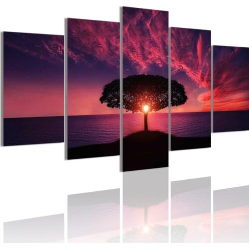 Silhouette Tree Water Landscape Natural 5 Panels Canvas Painting HD Poster Wall Art Print Picture Living Room Home Decor Frame