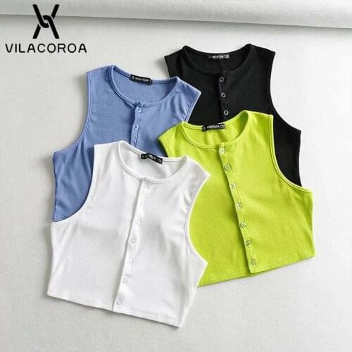 Button Round Neck Top Vest Women Ribbed Sleeveless Backless Sexy Crop Tops Pure Color Korean Harajuku Tank Tops Female Clothes