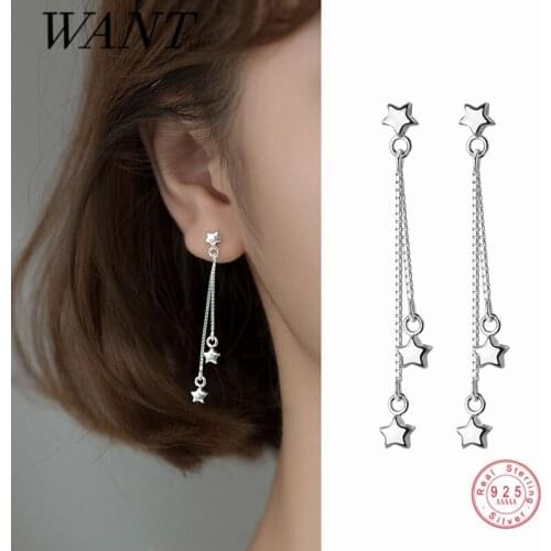 WANTME Genuine 925 Sterling Silver Korean Charming Star Tassel Drop Earrings for Women Fashion Romantic Wedding Jewelry Gift