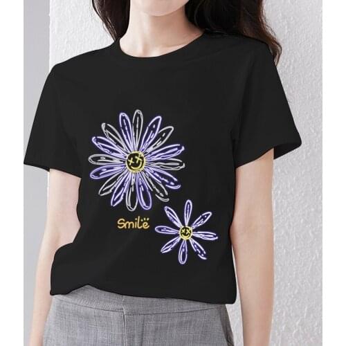 Womens T-shirts O-neck Summer VOGUET Street Black All-match Tops Daisy Pattern Printing Series Ladies Tee Shirt Female Clothes