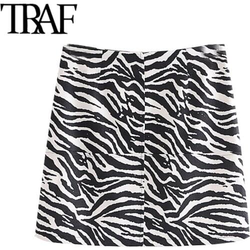 TRAF Women Chic Fashion Zebra Print Mini Skirt Vintage High Waist Side Zipper Animal Pattern Female Skirts Mujer