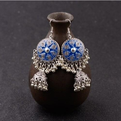 DOUVEI 6 Color Womens Ethnic Round Bell Dangle Hanging Indian Earrings Fashion Vortex Jhumka Earrings Accessories HXE086