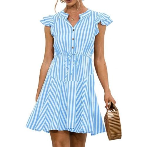 2021 Casual Shirt Dress Stripe Flying Sleeve Skin-friendly Women V Neck Lace-up Waist Tied Dress for Daily Wear