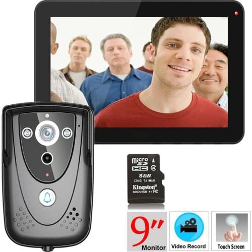 Free Shipping! 9" DVR Color Touch Screen Video Door Phone with PIR Record intercom System with IR camera 8G SD card