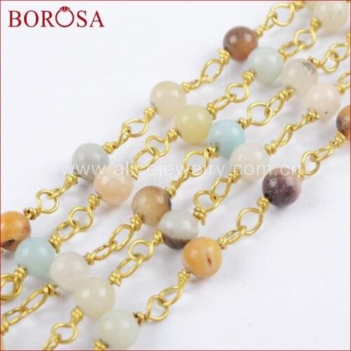 BOROSA Wholesale 5Meters Gold Color Silver Color 4mm Natural Amazon Stone Bead Brass Chain Beaded Chains Jewelry Findings JT233