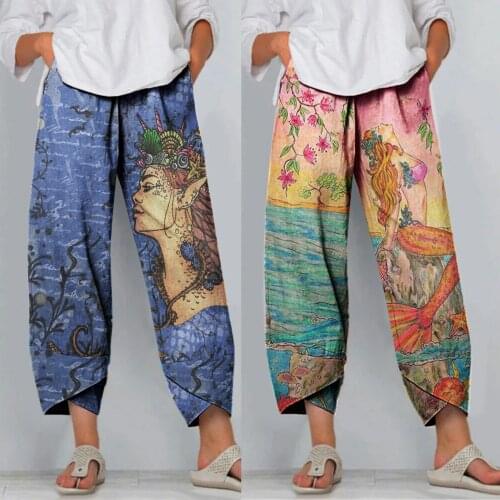 Bohemian Orange Totem Flower Print Wide Leg Pants Ethnic Woman Holiday Elastic Waist Bow Full Length Trousers Femme Casual Pants