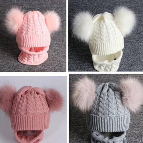 Children Winter Infant Newborn Kids Baby Wool Knitted Hat Cap Beanie With Two Double Pom Pom Beanie For Cute Boys Girl 1-3Years