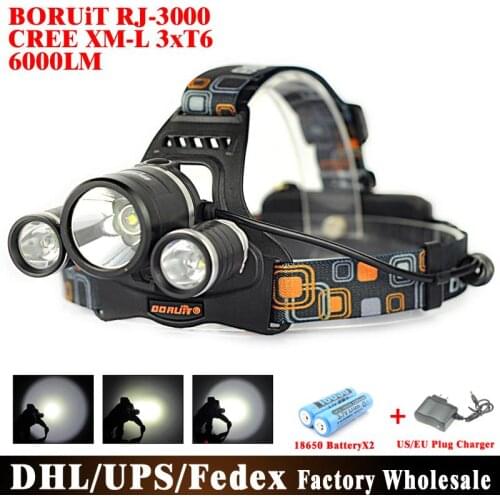 DHL 20PCS RJ-3001 3x XM-T6 6000 Lumens 4-Mode USB Rechargeable LED Headlamp Battery And Charger