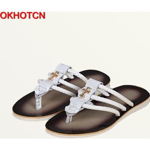 Fashion Men Flip Flops Summer Plus Size 46 Leather Non-Slip Beach Shoes Poplar Braided Strips With Metal Decoration Men Slippers