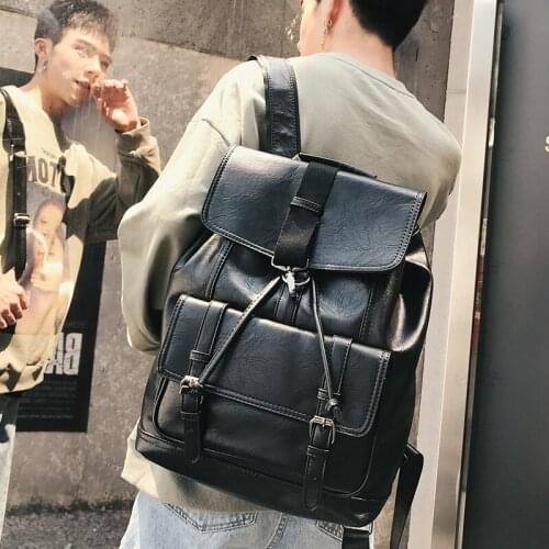 New Fashion Trendy Mens Backpack Waterproof PU Leather Laptop Bags Teenage Student Drawstring Schoolbag Male Travel Backpacks