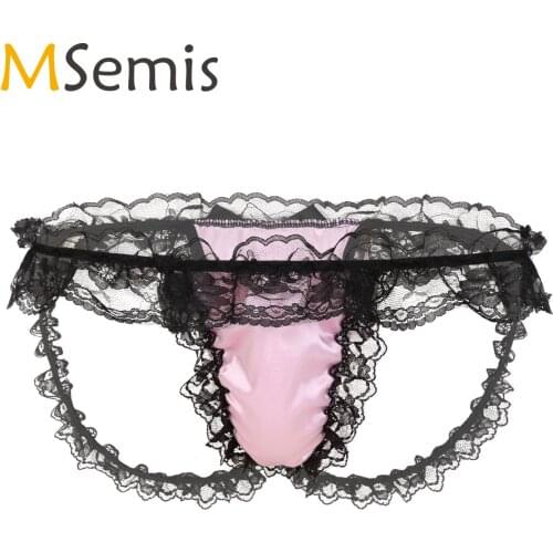 MSemis Men Sissy Satin Panties Frilly Ruffled Lace Thong Sexy Lingerie Low Rise Bulge Pouch T-back Hollow Out Briefs Underwear
