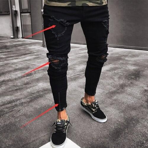 Mens sweatpants sexy ripped jeans trousers casual summer and autumn men ripped tight trousers slim-fit motorcycle jacket fashio