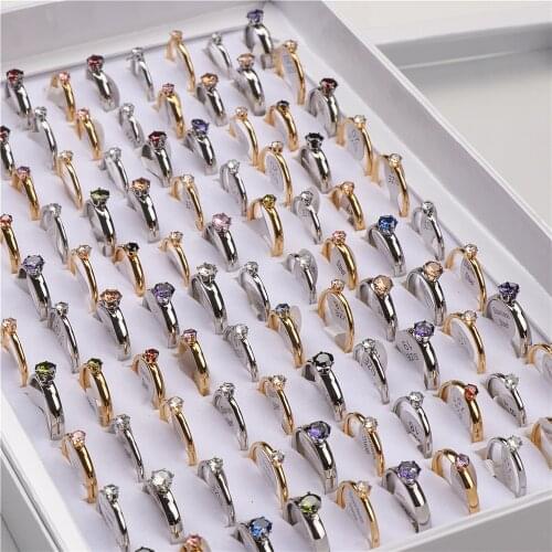 Wholesale 50Pcs/Lot Golden Silver Color Zircon Stainless Steel Wedding Engagement Rings For Women Mix Style