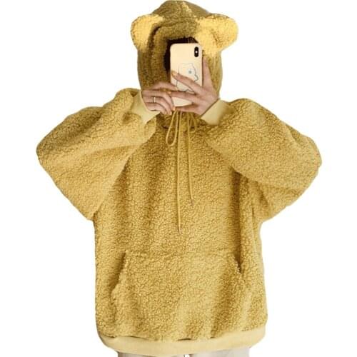 Autumn Winter Coat Thick Yellow Loose Lamb Wool Bear Ears Hoodie Women Sweatshirt Long Sleeve Pullover