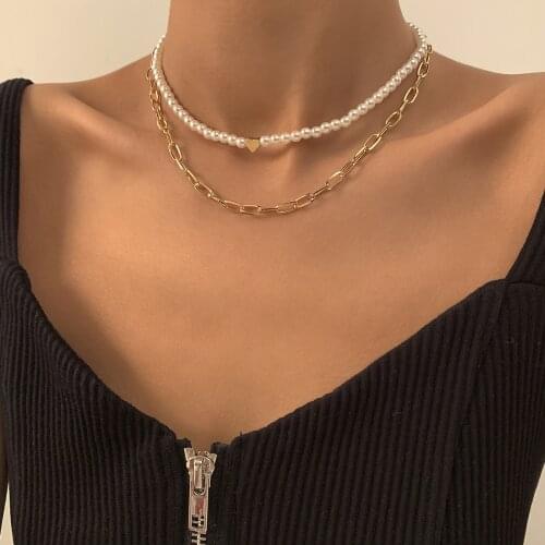 2PCS/SET Elegant White Imitation Pearl Choker Necklace Gold Link Chains Women Bridal Wedding Necklace Trendy Charm Fashion Gift