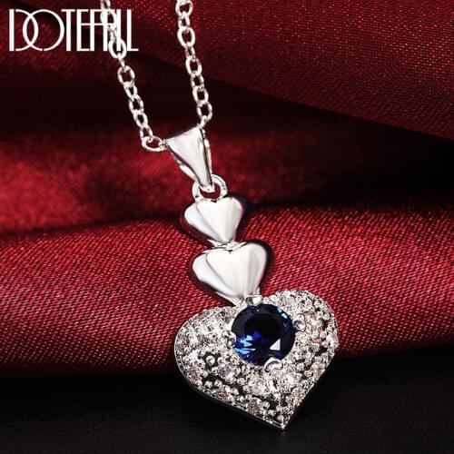 DOTEFFIL 925 Sterling Silver 18 Inch Blue AAA Zircon Heart Pendant Necklace For Women Fashion Wedding Party Charm Jewelry