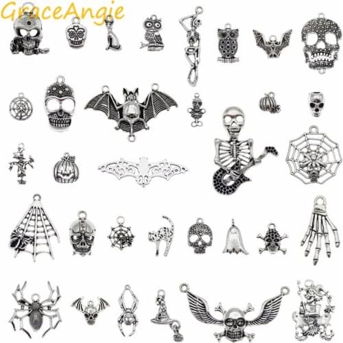 10pcs Mix Halloween Charms Jewelry Ghost Skull Spider Bat Cat silver Color charms for earring necklace pendant Party