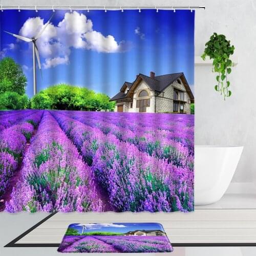 Romantic Lavender Shower Curtains Arched Door Butterfly Flower Plant Rabbit Meadow Bathroom Curtain Set Non-Slip Bath Mat Carpet