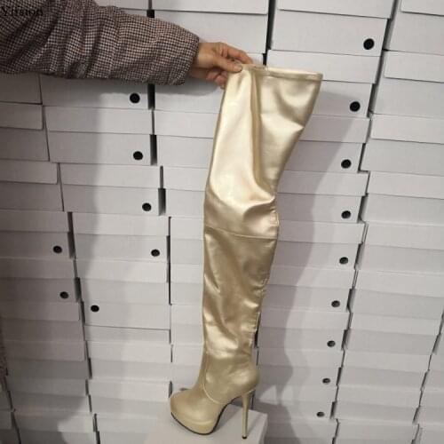 Olomm New Women Spring Platform Over The Knee Boots Thin High Heels Boots Round Toe Sexy Gold Shoes Women Plus US Size 5-15