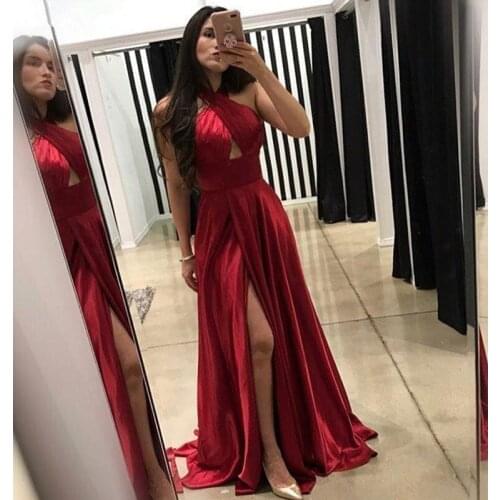 Halter Dark Red A-Line Prom Dresses 2020 Cheap Evening Gowns Slit Vestidos De Fiesta Party Wear