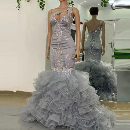 Gorgeous Evening Dress Flouncing Women Long V-Neck Mermaid Handmade Arabic Silver Prom Formal Dresses Gown Applique Ruffle