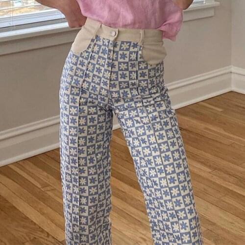 Vintage Floral Print Patchwork Trousers Y2K Baggy Denim Pants High Waist Streetwear Jogger Fashion Aesthetic Cargo Sweatpants