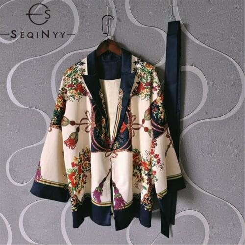 SEQINYY Vintage Top Flower Print Spring Autumn New Fashion Design Women Runway Flowers Print Jacket Belt