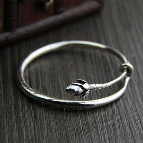 C&R Real 925 Sterling Silver bangles for women bracelet Lotus Bracelet Lady Ethnic Retro Thai Silver Fine Jewelry Adjustable
