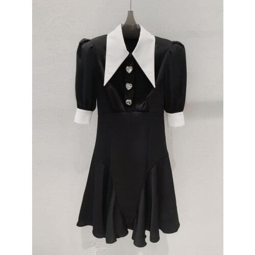 New Ladies Fashion 2021 Bubble Short Sleeve Contrast Color Waist Lapel Retro Dress 0114