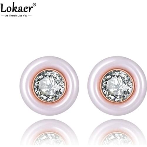 Lokaer Trendy Stainless Steel White/Black Ceramic Wedding Earrings For Women CZ Crystl Earrings For Christmas Gift E19279