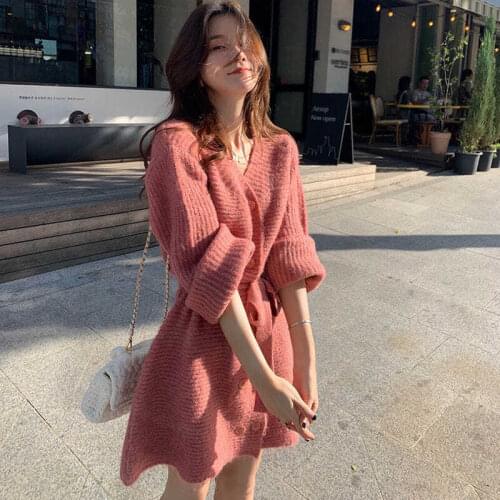 Women 2021 Spring Autumn Vintage Mini Short Dress Female Knit Long Sleeve V Collar Sweater Dresses Single-Breasted Vestidos A700