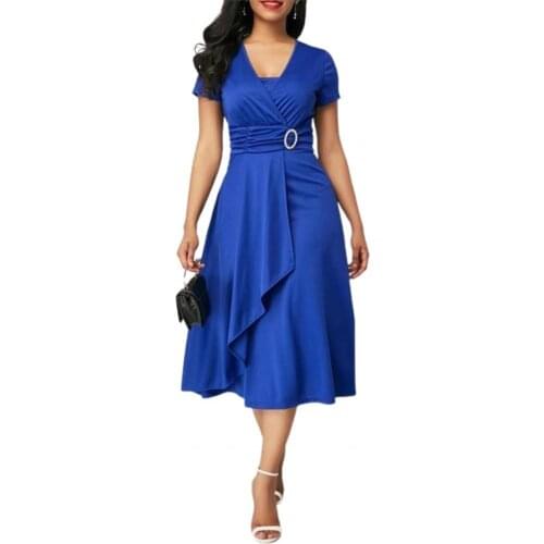 New Summer Women Dress Elegant Solid Color Oversize High Waist A-Line Irregular Hem V Neck Short Sleeve Dresses Evening Party