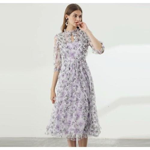 Runway New Holiday Princess Dress Ruffle Printed Huge Swing Mesh Dress Womens Dress 210721Z01