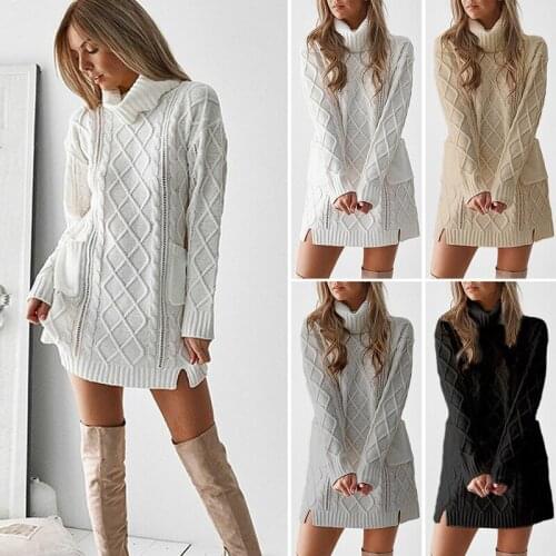 Women Knitted Sweater Dress Turtleneck Long Sleeve Pullover for Autumn Winter -OPK