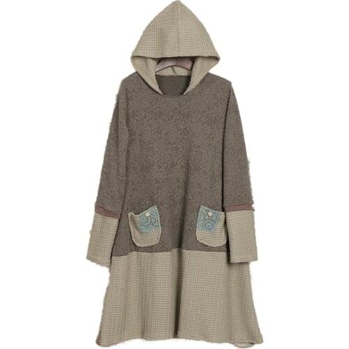 Mori Girl Forest Vintage Retro Bohemian Hippie Boho Patchwork Embroidered Pocket Long Sleeve Hoodie Loose Women Autumn Dress