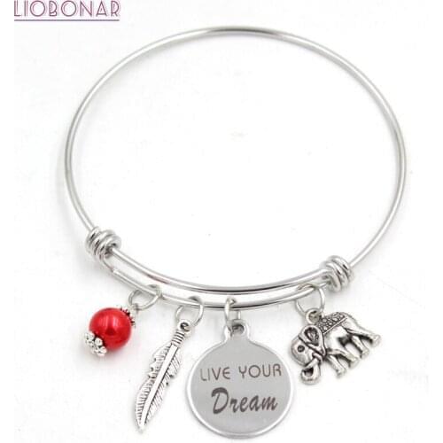 10PCS Elephant Bangle Live Your Dream Elephant Feather Charm Bracelets for Women Stainless Steel Jewelry Gifts Pulsera