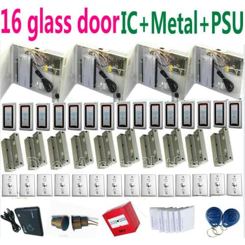 16 Glass Door Full kit Access Controller+16 pcs Metal Case M1 IC Reader+DoorFrameless lock Web TCP+PC Software door+card issuer