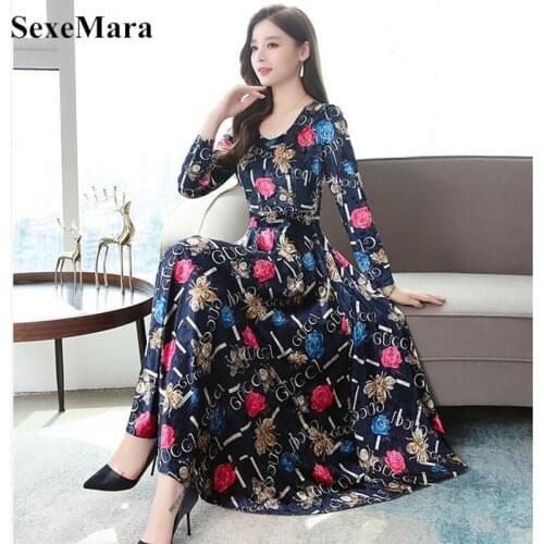 2019 autumn new fashion temperament O-neck gold velvet dress waist slim printed long-sleeved dress female