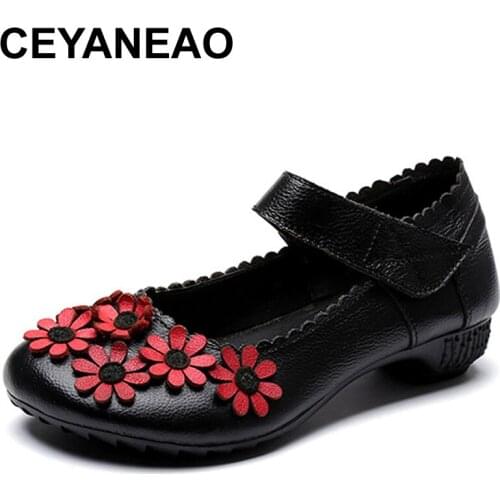 CEYANEAO New Summer Women Genuine Leather Shoes Ladies Shallow Low Heels Pumps Flowers Casual Womens Shoes Female Zapatos Mujer