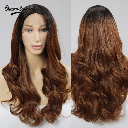 CharmSource Long Wavy Lace Part Synthetic Wigs Dark Root Ombre Brown for Women Daily Hair High Density Heat Resistant Wig