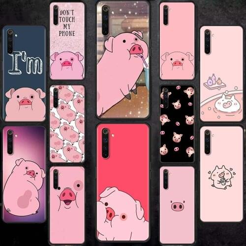 Cute PINK Kawai Pig Case Oppo Realme 6 7 C21 C3 XT 8 7i 5 Pro A53 A52 A9 2020 A94 A74 5G Capa Black Shell Phone Coque