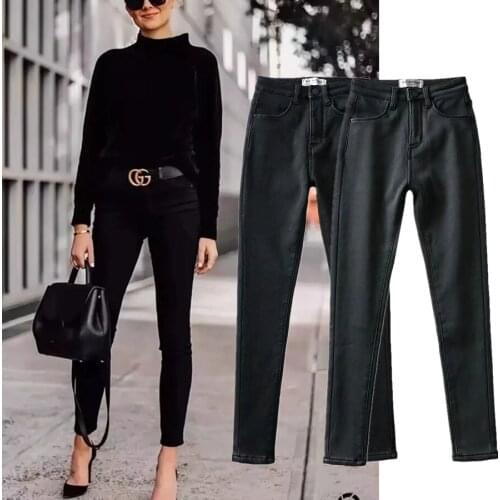 Jenny&Dave Women Fleece Jeans Ins Winter Jeans Woman England Style Vintage AA High Waist Jeans Skinny Pencil Jeans For Women