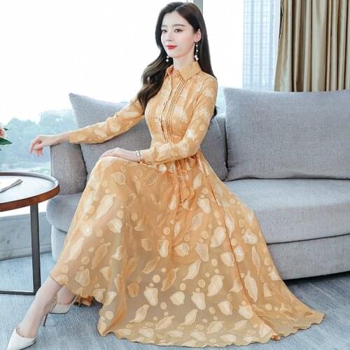 Elegant Jacquard Chiffon Beach Vacation Maxi Dresses 2021 Autumn 3XL Plus Size Long Sleeve Dress Vintage Women Bodycon Vestidos