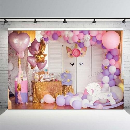 Unicorn Baby Shower Birthday Party Flower Balloons Gift Cake Screen Cozy Decor Child Portrait Backdrop Photography Background